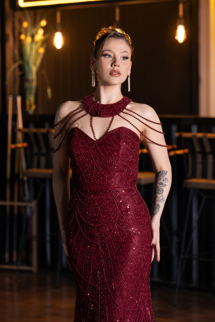 Robe de Soirée Longue Perlé Rouge Bordeaux ABU6073