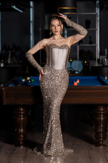 Robe de Soirée Longue Squameuse Beige ABU6041