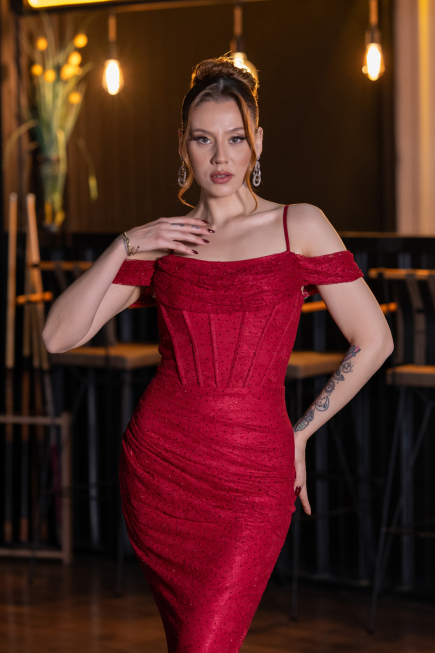 Robe de Soirée Longue Dantelle Rouge Bordeaux ABU6085