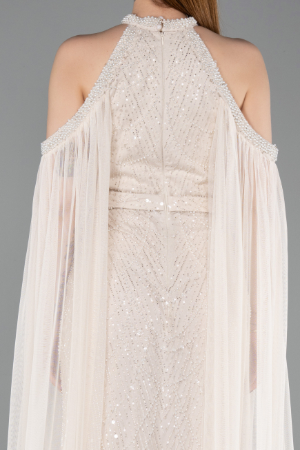 Robe de Soirée Longue Perlé Beige ABU6117