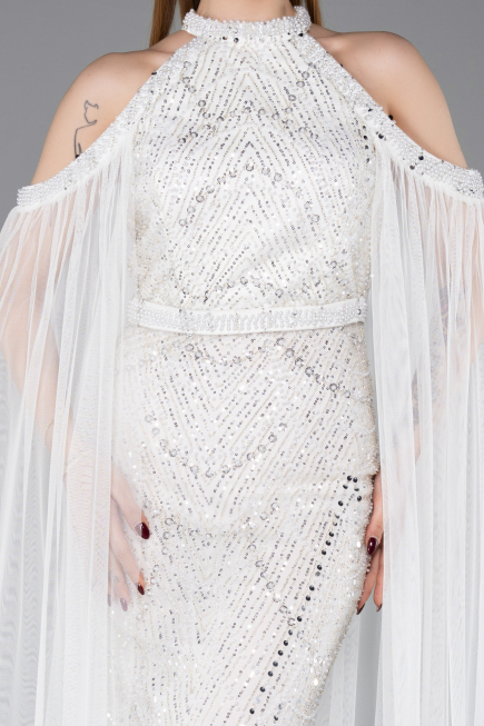 Robe de Soirée Longue Perlé Blanc ABU6117