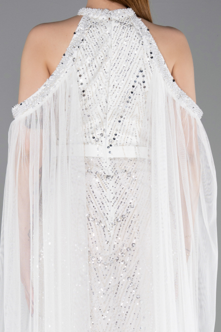Robe de Soirée Longue Perlé Blanc ABU6117