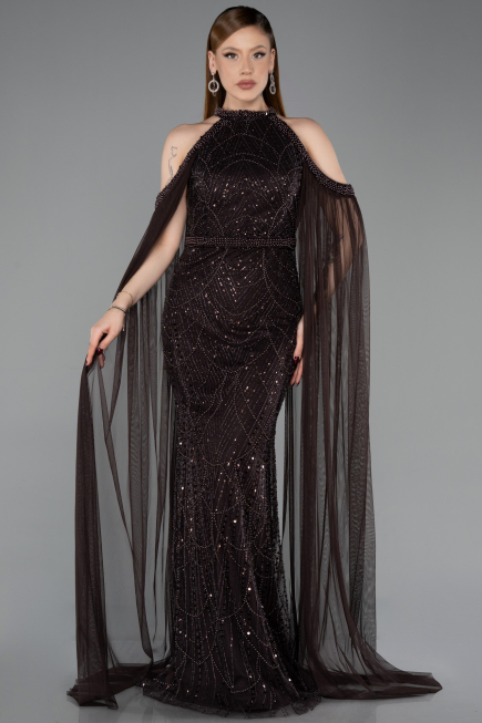 Robe de Soirée Longue Perlé Brun ABU6117