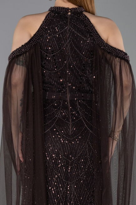 Robe de Soirée Longue Perlé Brun ABU6117