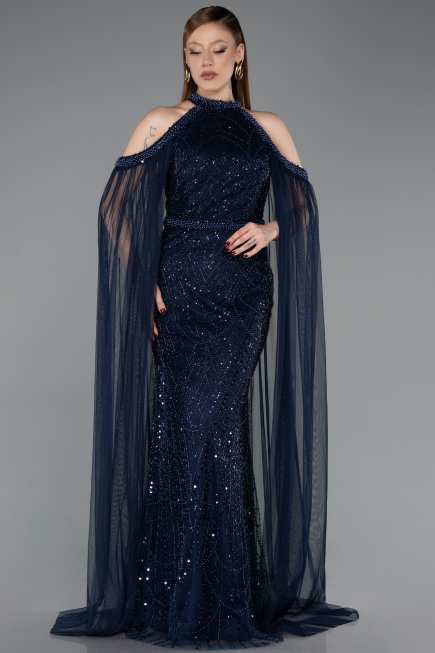 Robe de Soirée Longue Perlé Bleu Marine ABU6117