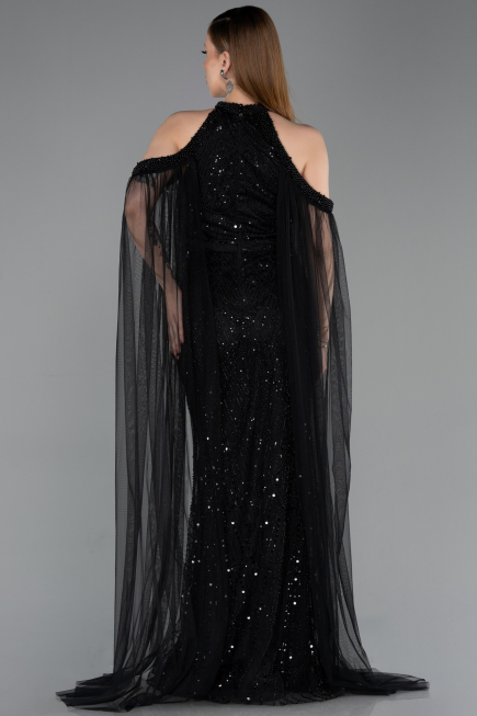 Robe de Soirée Longue Perlé Noir ABU6117
