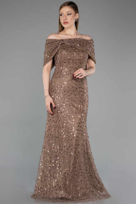Robe de Soirée Longue Dantelle Brun ABU6119