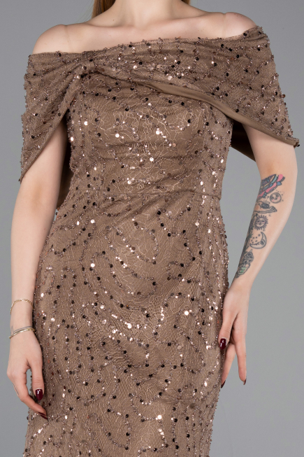 Robe de Soirée Longue Dantelle Brun ABU6119