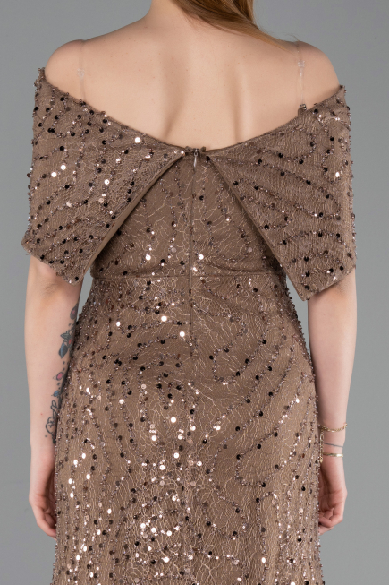 Robe de Soirée Longue Dantelle Brun ABU6119