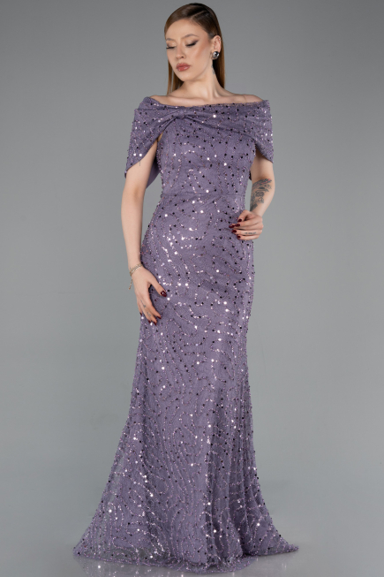 Robe de Soirée Longue Dantelle Lilas ABU6119