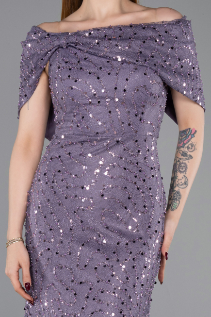 Robe de Soirée Longue Dantelle Lilas ABU6119