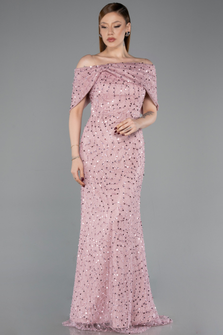 Robe de Soirée Longue Dantelle Poudre ABU6119