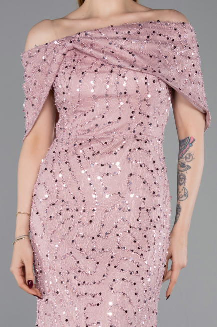 Robe de Soirée Longue Dantelle Poudre ABU6119
