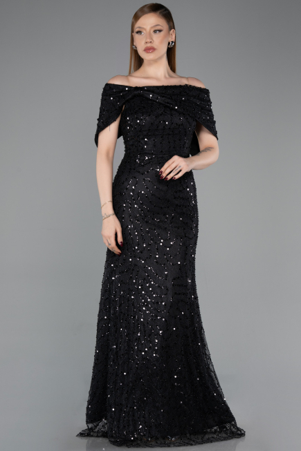 Robe de Soirée Longue Dantelle Noir ABU6119