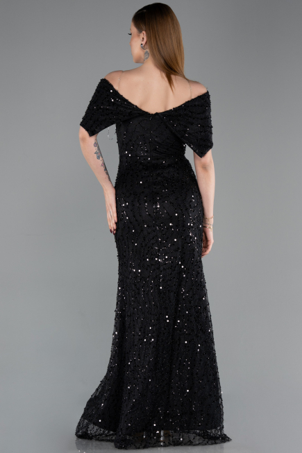 Robe de Soirée Longue Dantelle Noir ABU6119