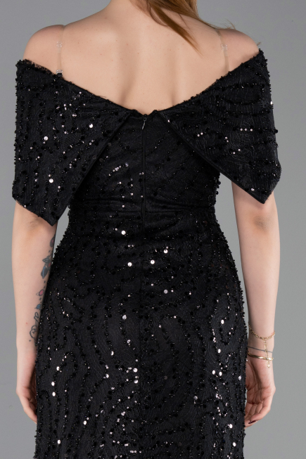 Robe de Soirée Longue Dantelle Noir ABU6119