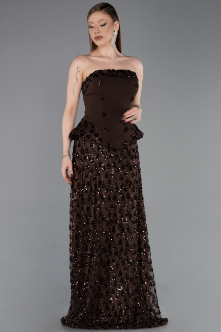 Robe de Soirée Longue Squameuse Brun ABU6124