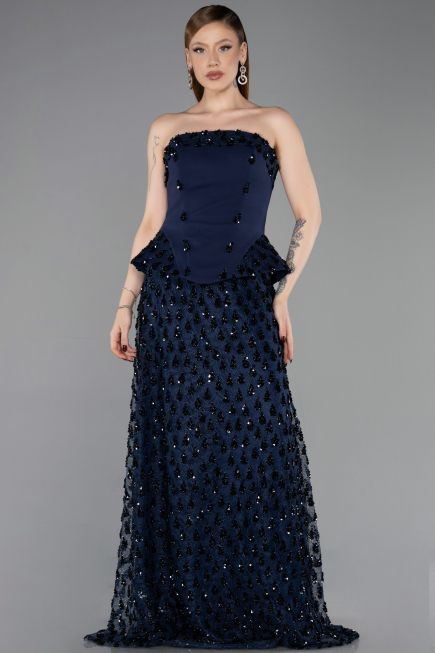 Robe de Soirée Longue Squameuse Bleu Marine ABU6124