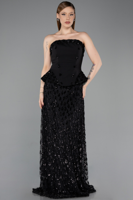 Robe de Soirée Longue Squameuse Noir ABU6124