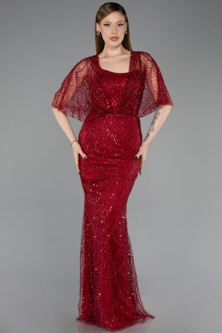 Robe de Soirée Longue Perlé Rouge Bordeaux ABU5718