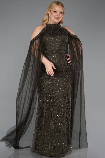 Robe de Soirée Grande Taille Longue Perlé Kaki ABU6118
