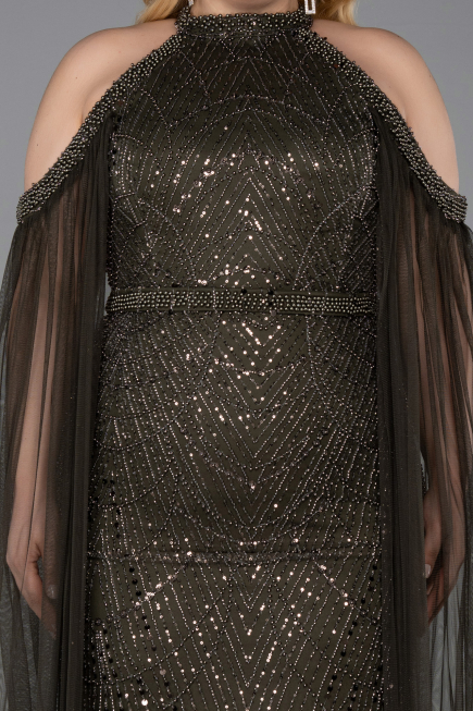 Robe de Soirée Grande Taille Longue Perlé Kaki ABU6118
