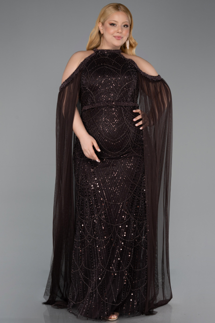 Robe de Soirée Grande Taille Longue Perlé Brun ABU6118
