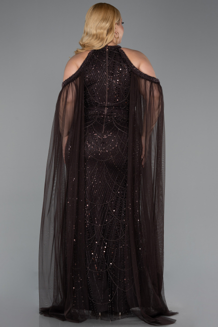 Robe de Soirée Grande Taille Longue Perlé Brun ABU6118