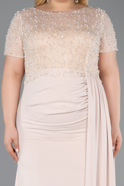 Robe de Soirée Grande Taille Longue Dantelle Beige ABU6102