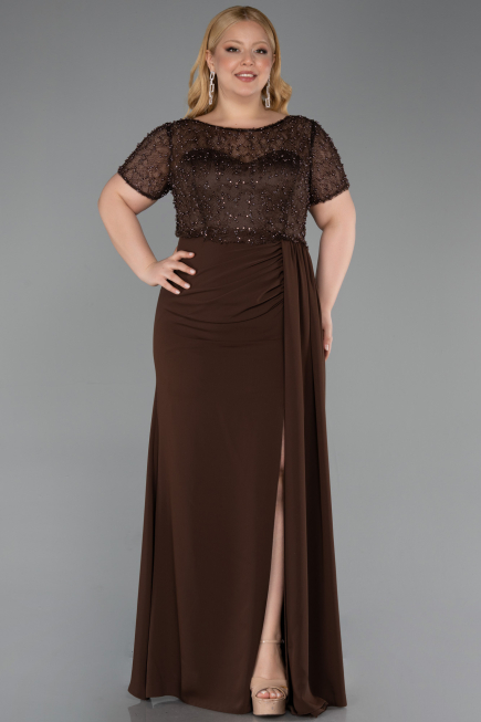 Robe de Soirée Grande Taille Longue Dantelle Brun ABU6102