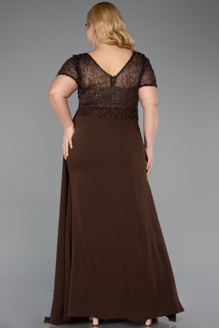Robe de Soirée Grande Taille Longue Dantelle Brun ABU6102