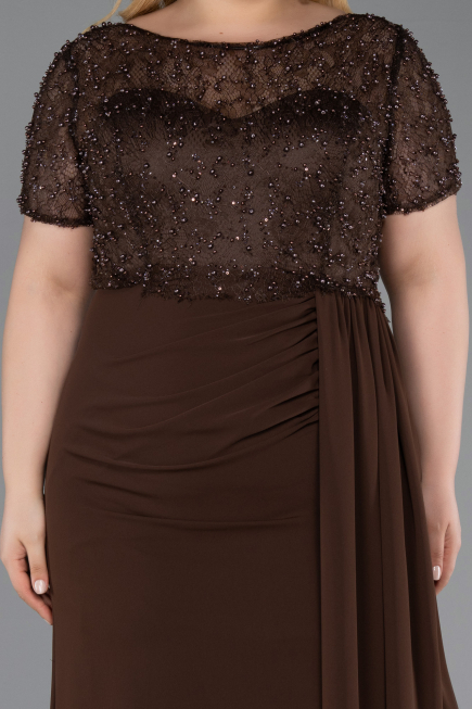 Robe de Soirée Grande Taille Longue Dantelle Brun ABU6102