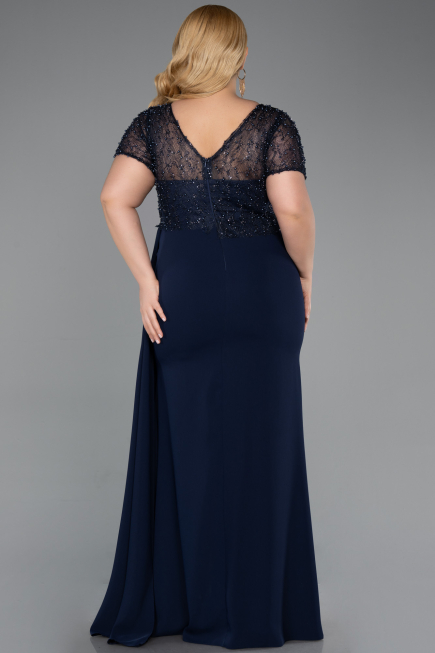 Robe de Soirée Grande Taille Longue Dantelle Bleu Marine ABU6102