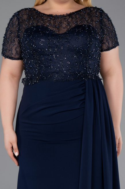 Robe de Soirée Grande Taille Longue Dantelle Bleu Marine ABU6102