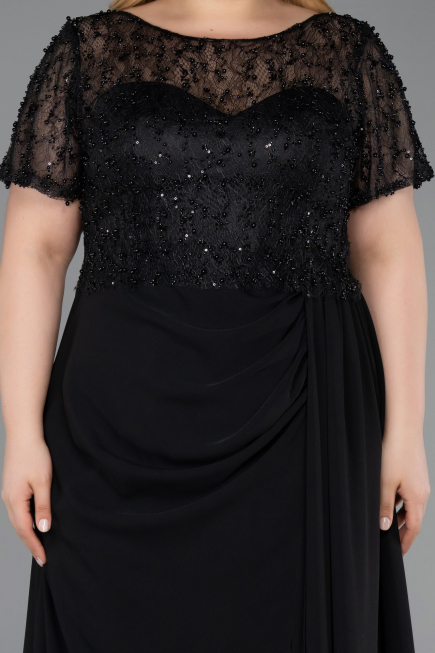 Robe de Soirée Grande Taille Longue Dantelle Noir ABU6102