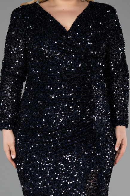 Robe de Soirée Grande Taille Longue Squameuse Bleu Marine ABU6074