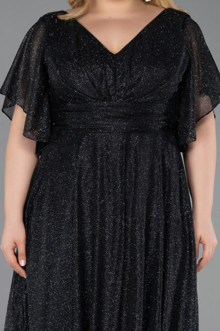 Robe De Invitation Grande Taille Midi Noir-Argent ABK2622