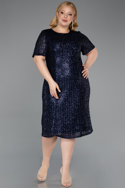 Robe De Invitation Grande Taille Midi Squameuse Bleu Marine ABK2621
