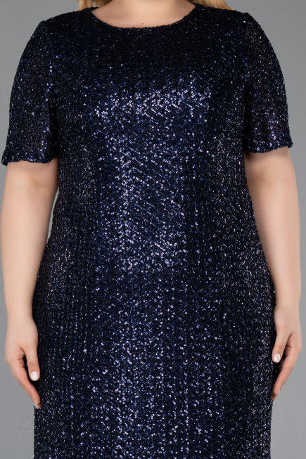 Robe De Invitation Grande Taille Midi Squameuse Bleu Marine ABK2621