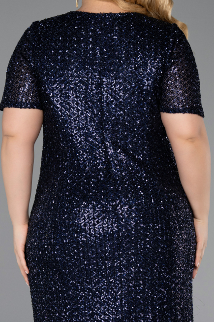 Robe De Invitation Grande Taille Midi Squameuse Bleu Marine ABK2621