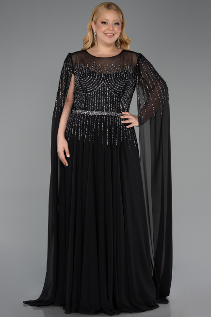 Robe De Soirée Grande Taille Longue Mousseline Noir ABU6095