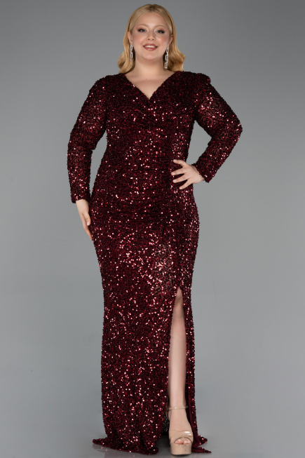 Robe de Soirée Grande Taille Longue Squameuse Rouge Bordeaux ABU6074