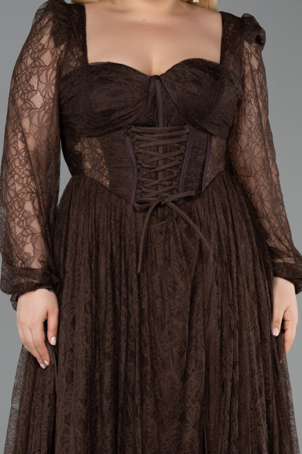 Robe Grande Taille Longue Dantelle Brun ABU6131