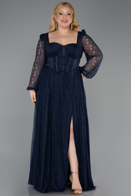 Robe Grande Taille Longue Dantelle Bleu Marine ABU6131
