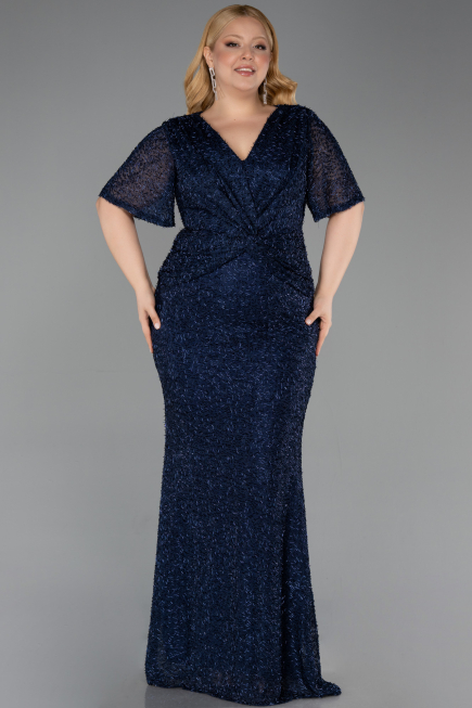Robe De Soirée Grande Taille Longue Perlé Bleu Marine ABU6129