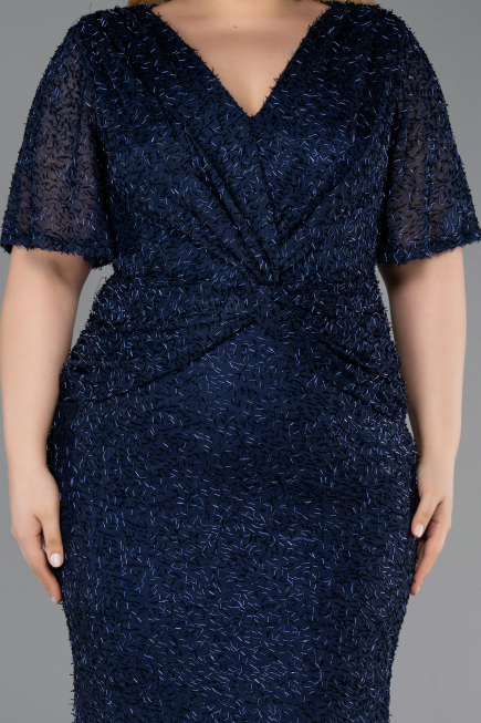 Robe De Soirée Grande Taille Longue Perlé Bleu Marine ABU6129