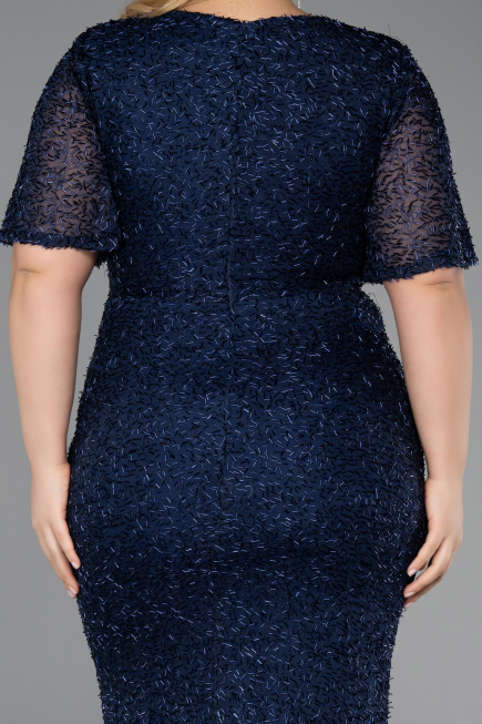 Robe De Soirée Grande Taille Longue Perlé Bleu Marine ABU6129