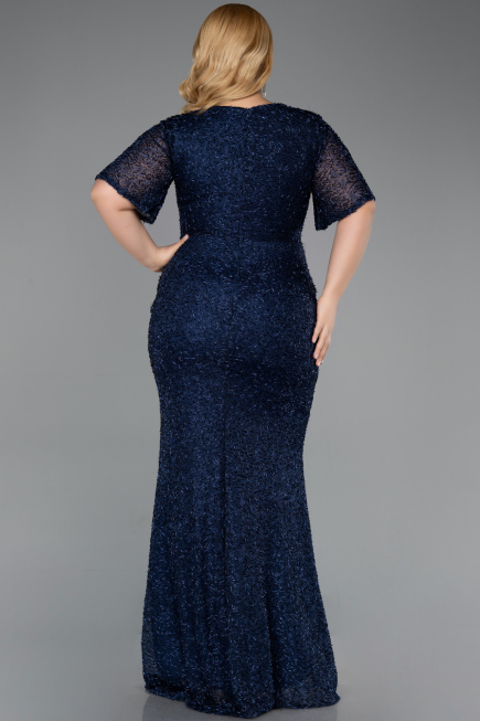 Robe De Soirée Grande Taille Longue Perlé Bleu Marine ABU6129