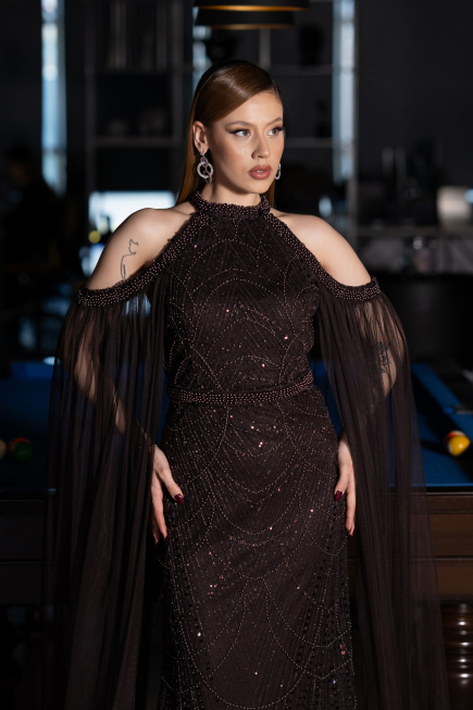 Robe de Soirée Grande Taille Longue Perlé Brun ABU6118