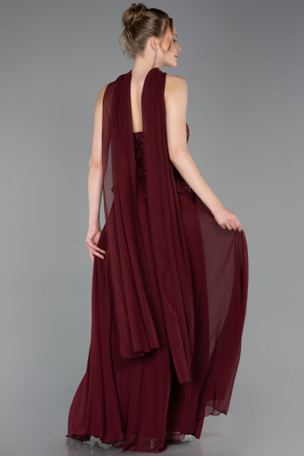 Robe de Soirée Longue Mousseline Rouge Bordeaux ABU6150